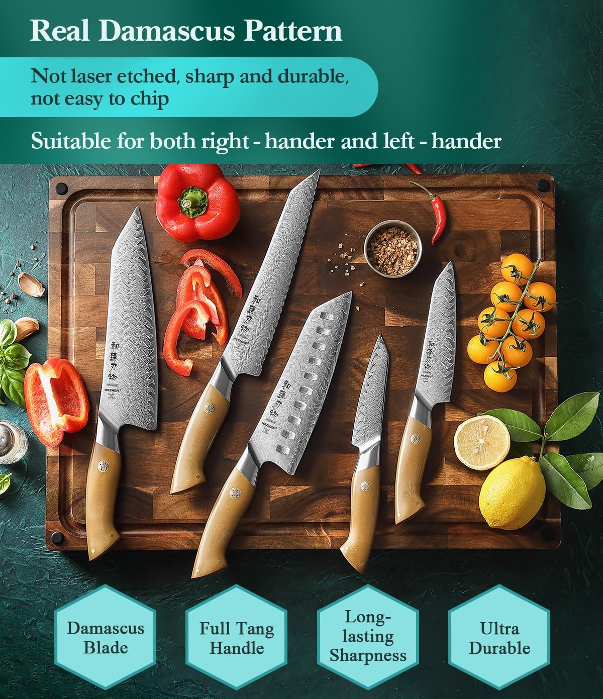 HEZHEN Chef Knife Set, 5 Pieces, 67 Layers Damascus Steel Kitchen Knife Set, ltra-sharp Blade, Professional Knife Sets for Chefs and Home Cooking, Linen Micarta Handle, Gift Packing
