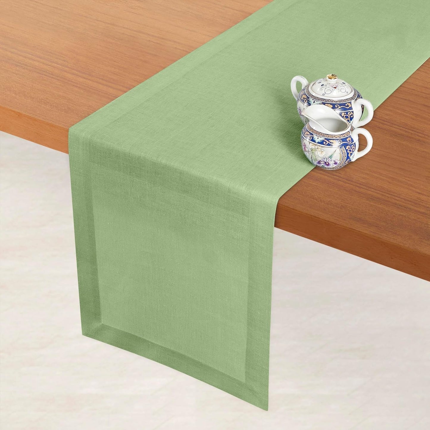 D'Moksha Homes Linen Sage Green Table Runner 144 Inches Long - 100% Pure Linen Extra Long Table Runner 14 x 144 Inch for Fall, Autumn and Halloween - Machine Washable