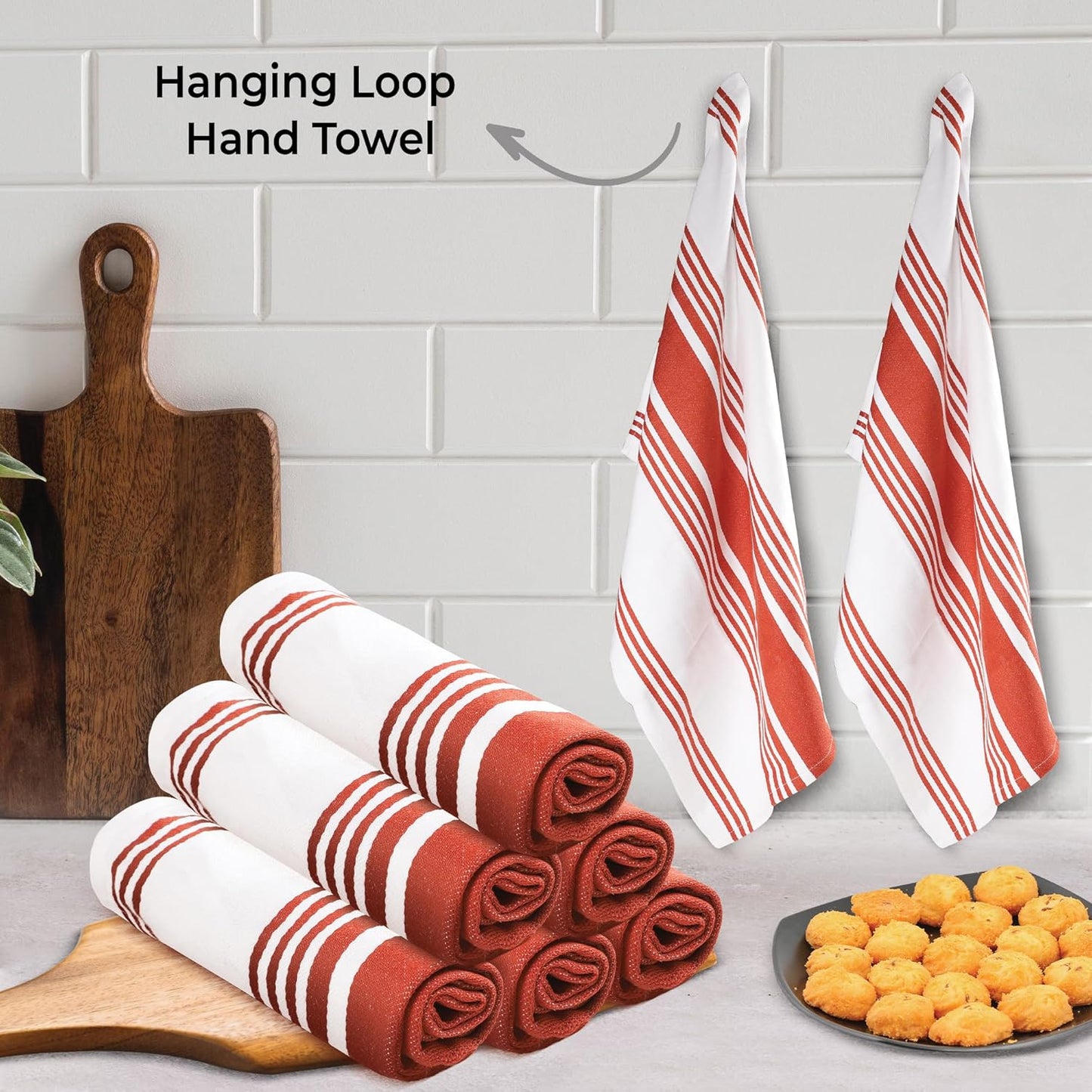 Urban Villa Fall Kitchen Towels 100% Cotton Pack of 6 Highly Absorbent Quick Drying Soft Premium Dish Towels for Kitchen with Hanging Loop Thanks Giving TeaTowels - 20x30 Inch (Rust & White Striped)