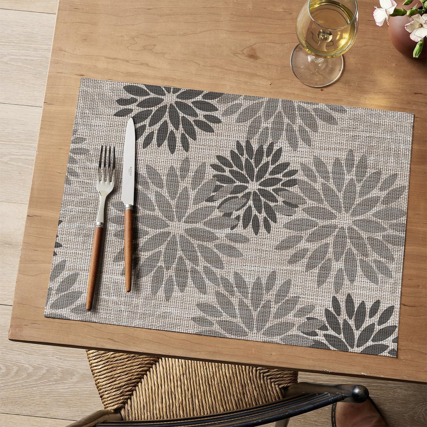 Artoid Mode Floral Vinyl Plastic Placemats Set of 4, 12x18 Inch Washable Non-Slip PVC Place Mats for Party Kitchen Dining Decor, Grey