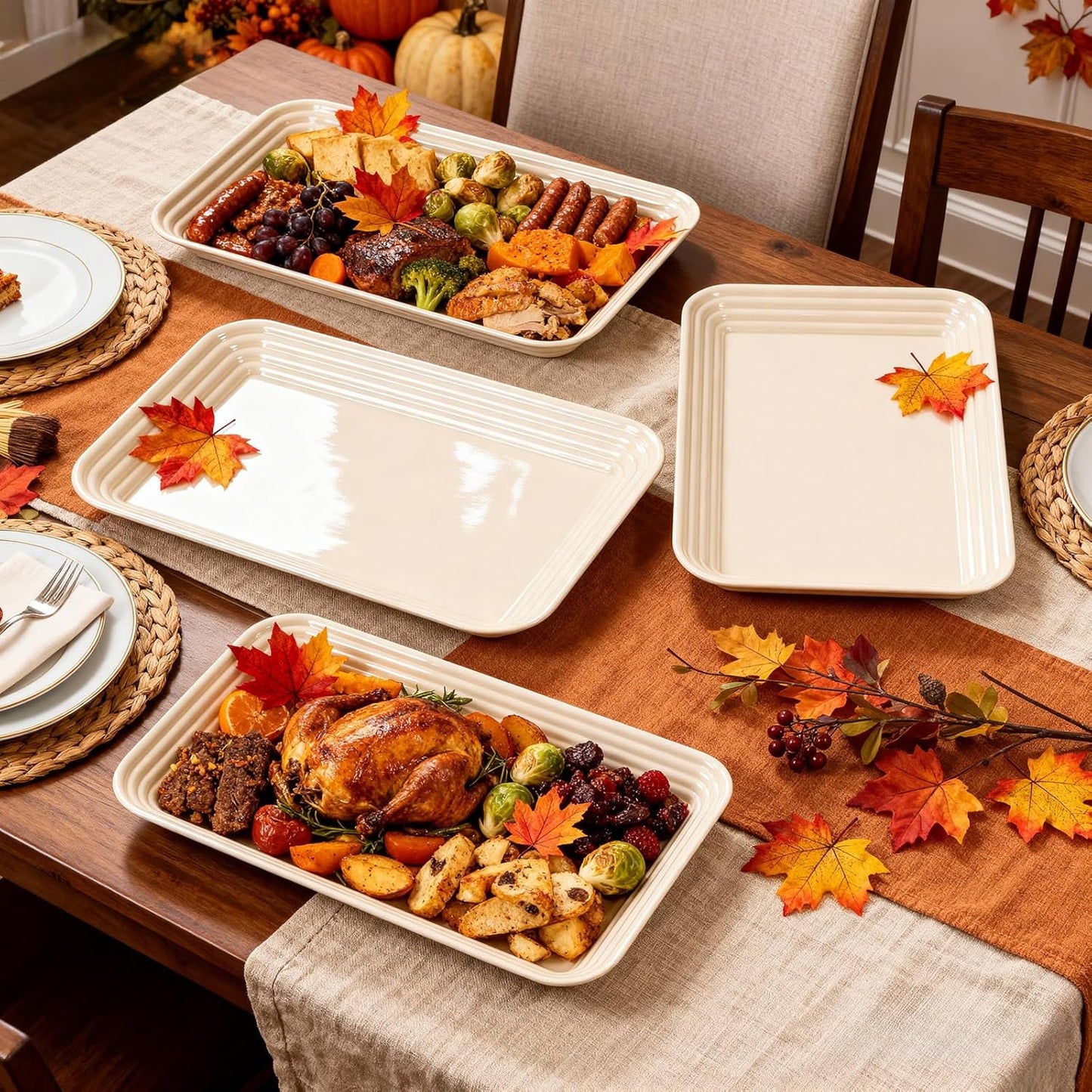 SUT 4-Pack Ivory Serving Trays for Entertaining, 16" x 11" Serving Platters for Snacks, Fruit, Cookies, Dessert, Reusable Plastic Trays for Serving Food and Party Organization in Kitchen &for Parties