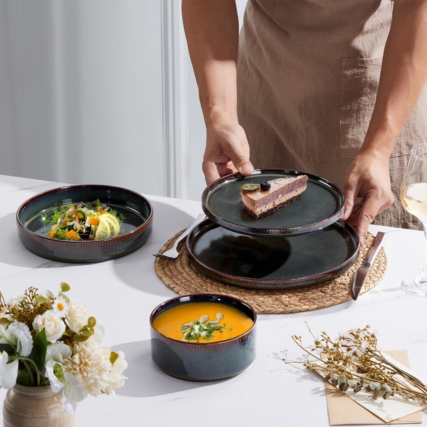 E-far 16 Piece Dinnerware Sets, Plates and Bowls with Pasta Bowls Service for 4, Modern Stoneware Ribbed Dishes for Kitchen Dining, Microwave & Dishwasher Safe, Blackish Green