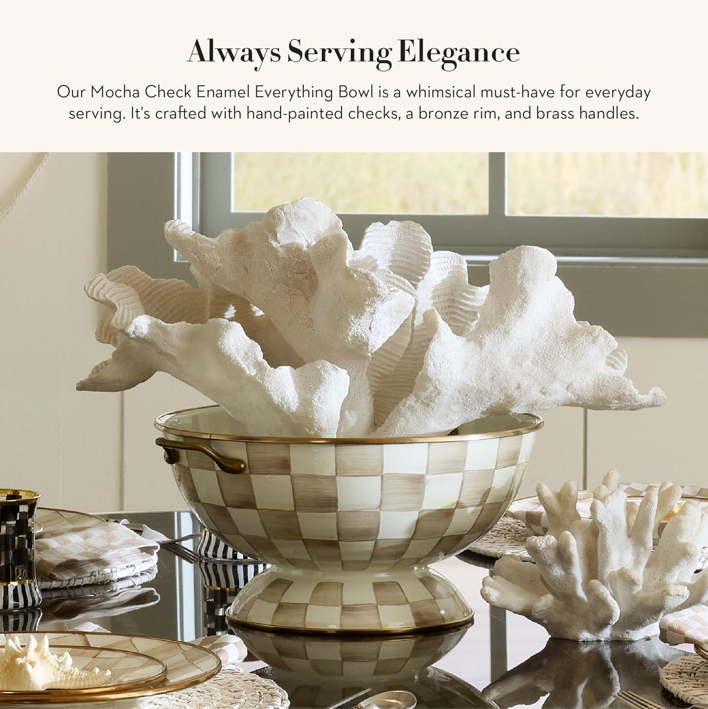 MACKENZIE-CHILDS Enamel Bowl, Serving Bowl for Entertaining, Everything Bowl, Brown-and-White Mocha Check