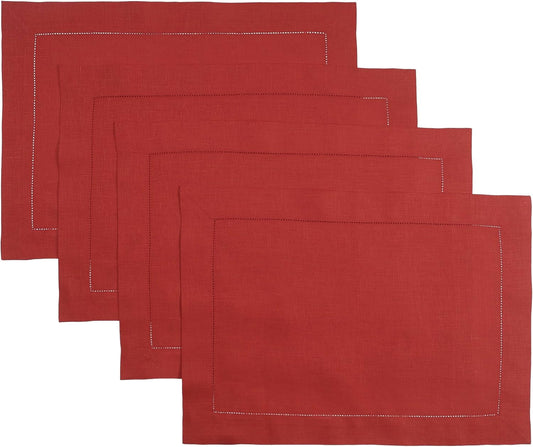 D'Moksha Homes Linen Placemats Set of 4 - Classic Hemstitch Bright Red Placemats 14 x 19 Inch - 100% Pure Linen Table Mats for Fall, Autumn and Halloween - Handcrafted and Machine Washable