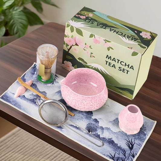 Matcha Whisk Set, 7 Pcs Matcha Kit Includes Matcha Bowl, Whisk and Holder, Bamboo Scoop, Scoop Rest, Sifter and Tea Towel, Gift for Matcha Lover (Pink)