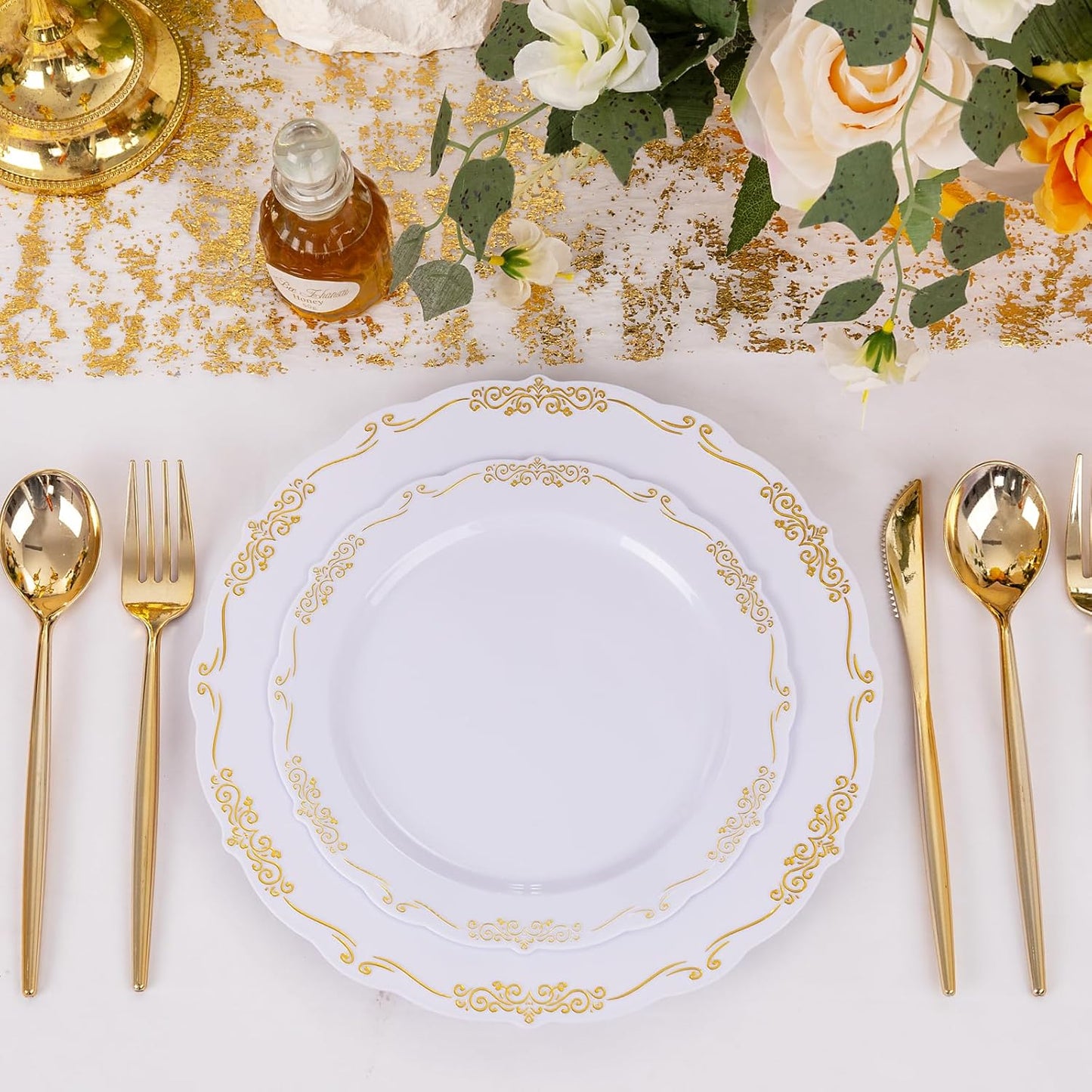 U-QE 100PCS Gold Plastic Disposable Plates - Heavy Duty White and Gold Plates Including 50PCS 10'' Dinner & 50PCS 7.5'' Dessert Plates Perfect for Upscale Party, Wedding
