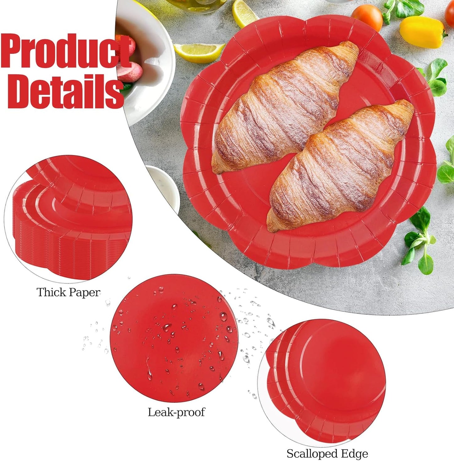 50 Pack Red Paper Plates 7 Inch, Disposable Scalloped Plates Cake Dessert Plate for Dinner Baby Shower Wedding Bridal Shower Birthday Party Supplies (Red, 7 inch)