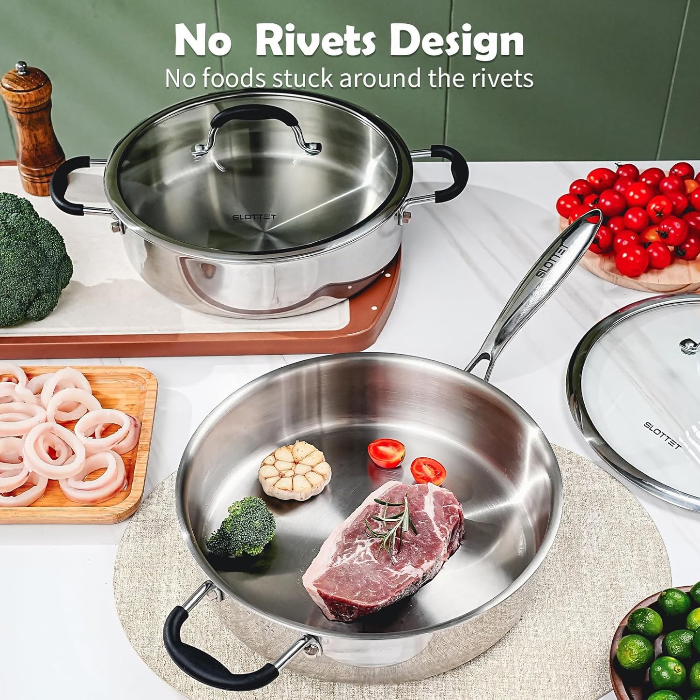 Tri-Ply Stainless Steel Saute Pan with Steamer, 5 Quart Deep Sauté Pan with Lid and Stay Cool Handle,11.5 Inch Frying Pan,Dishwasher and Oven Safe,Induction Stainless Steel Cookware