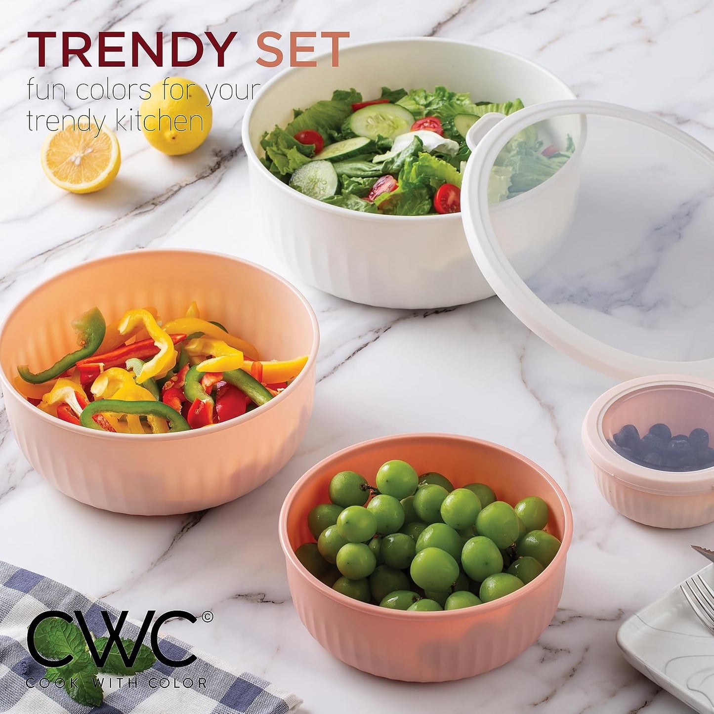 COOK WITH COLOR Prep Bowls with Lids- 12 Piece Nesting Plastic Small Mixing Bowl Set with Lids (Multi Colored), Grey/Pink