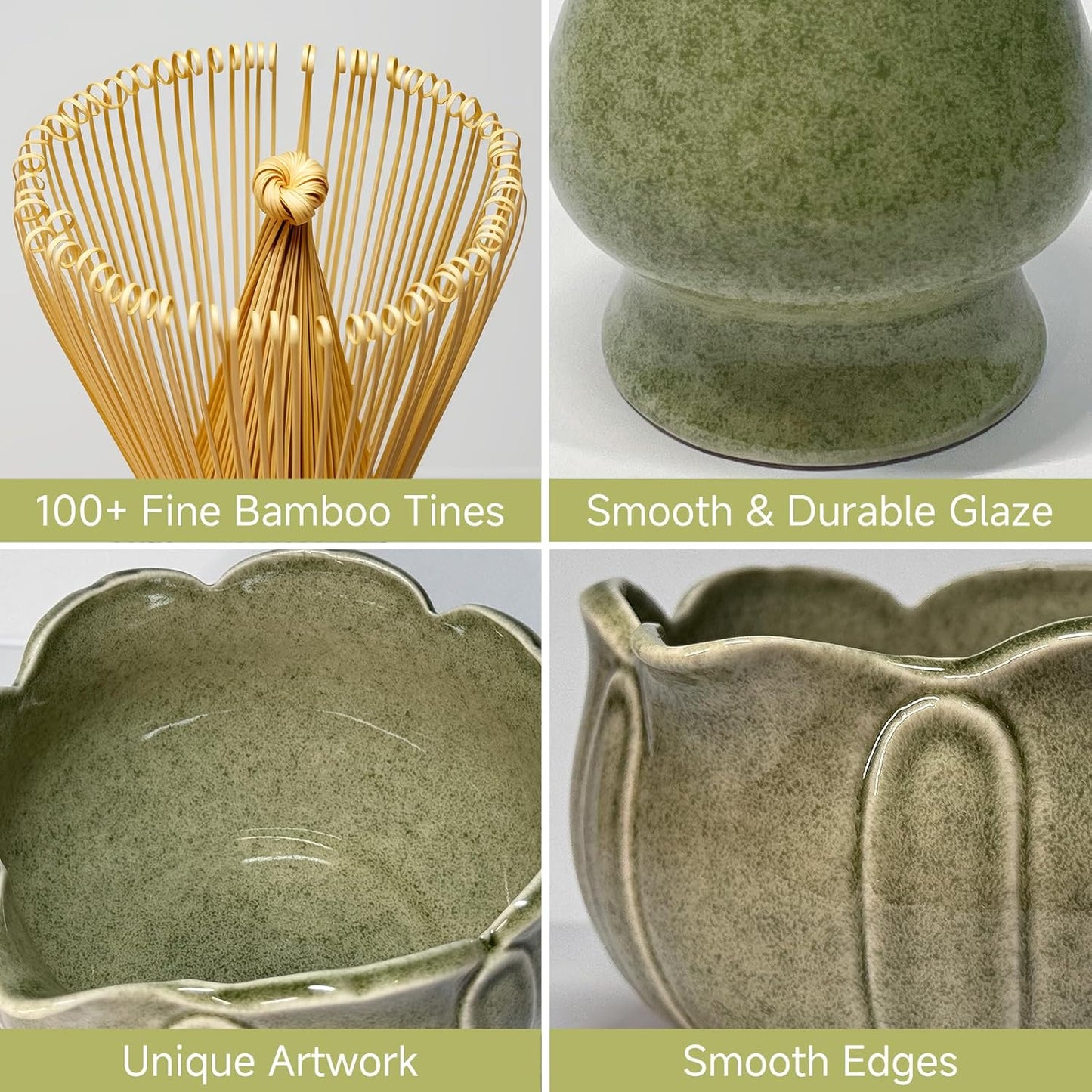 Matcha Whisk Set with Ceramic Bowl - Bamboo Whisk (Chasen), Scoop, Sifter & Holder - Complete Kit for Traditional Matcha Tea - Unique Gifts for Tea Lovers (Celadon Lotusl)