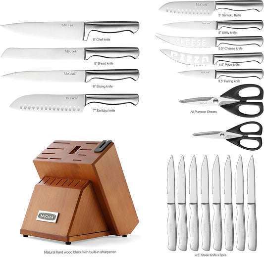 McCook® Knife Sets,German Stainless Steel Kitchen Knives Block Set with Built-in Sharpener