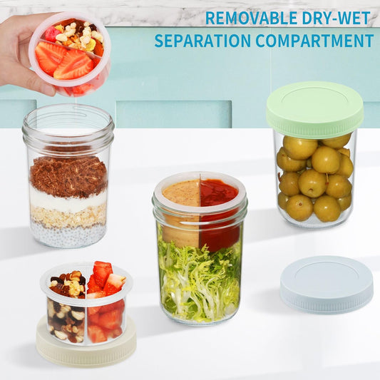 16 oz Overnight Oats Containers with Airtight Lids - 2-Pack Leak-Proof Wide Mouth Mason Jars & Divided Cups for Dried and Wet Foods, Glass Jars for Chia Pudding, Salad, Snacks, and Yogurt