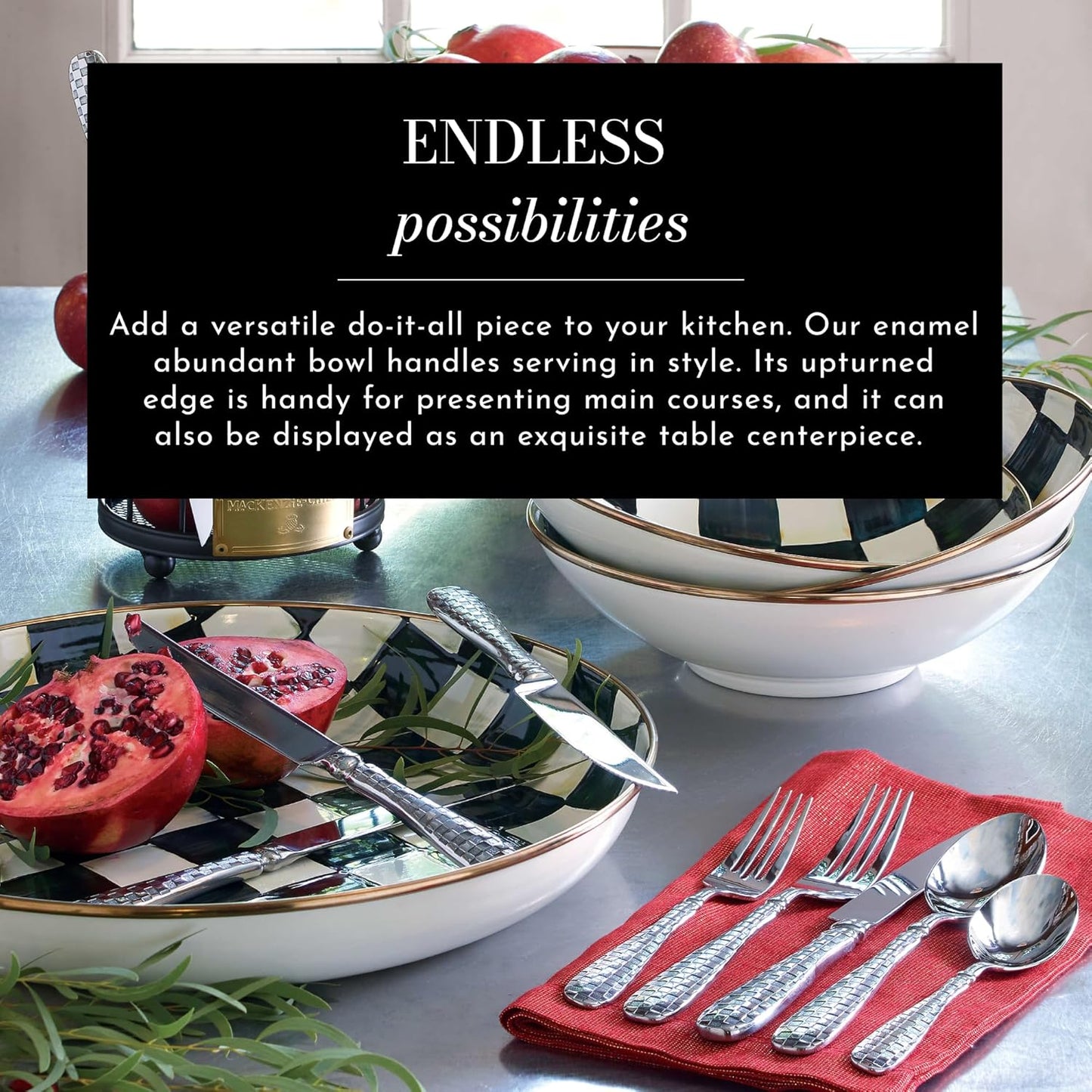 MACKENZIE-CHILDS Enamel Abundant Bowl, Decorative or Serving Bowl, 13-Cup Capacity, Gray-and-White Sterling Check