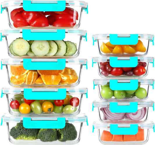 BAYZZ 10 Pack Glass Meal Prep Containers, Glass Food Storage Containers with Lids, Airtight Lunch Box, Freezer,Oven,Microwave and Dishwasher Safe,Green