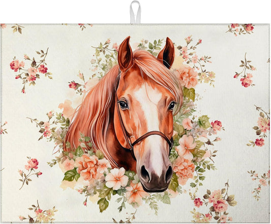 Horse Flower Dish Drying Mat for Kitchen Counter Drying Pad Absorbent Reversible Dish Drainer Rack Mats Draining Pad 18"x24"Inch