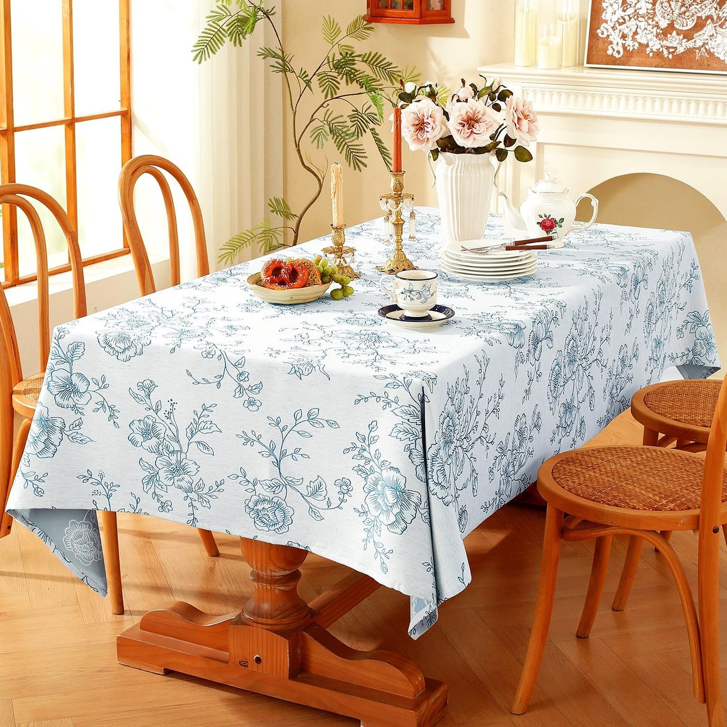 Chassic Premium Vintage Farmhouse Damask Floral 60 x 84 inch Rectangle Table Cloth – Water Resistant Linen Textured Jacquard Tablecloth for Kitchen Dining & Picnic Decor - Blue