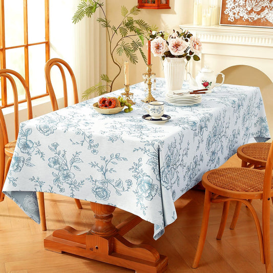 Chassic Premium Vintage Farmhouse Damask Floral 60 x 84 inch Rectangle Table Cloth – Water Resistant Linen Textured Jacquard Tablecloth for Kitchen Dining & Picnic Decor - Blue