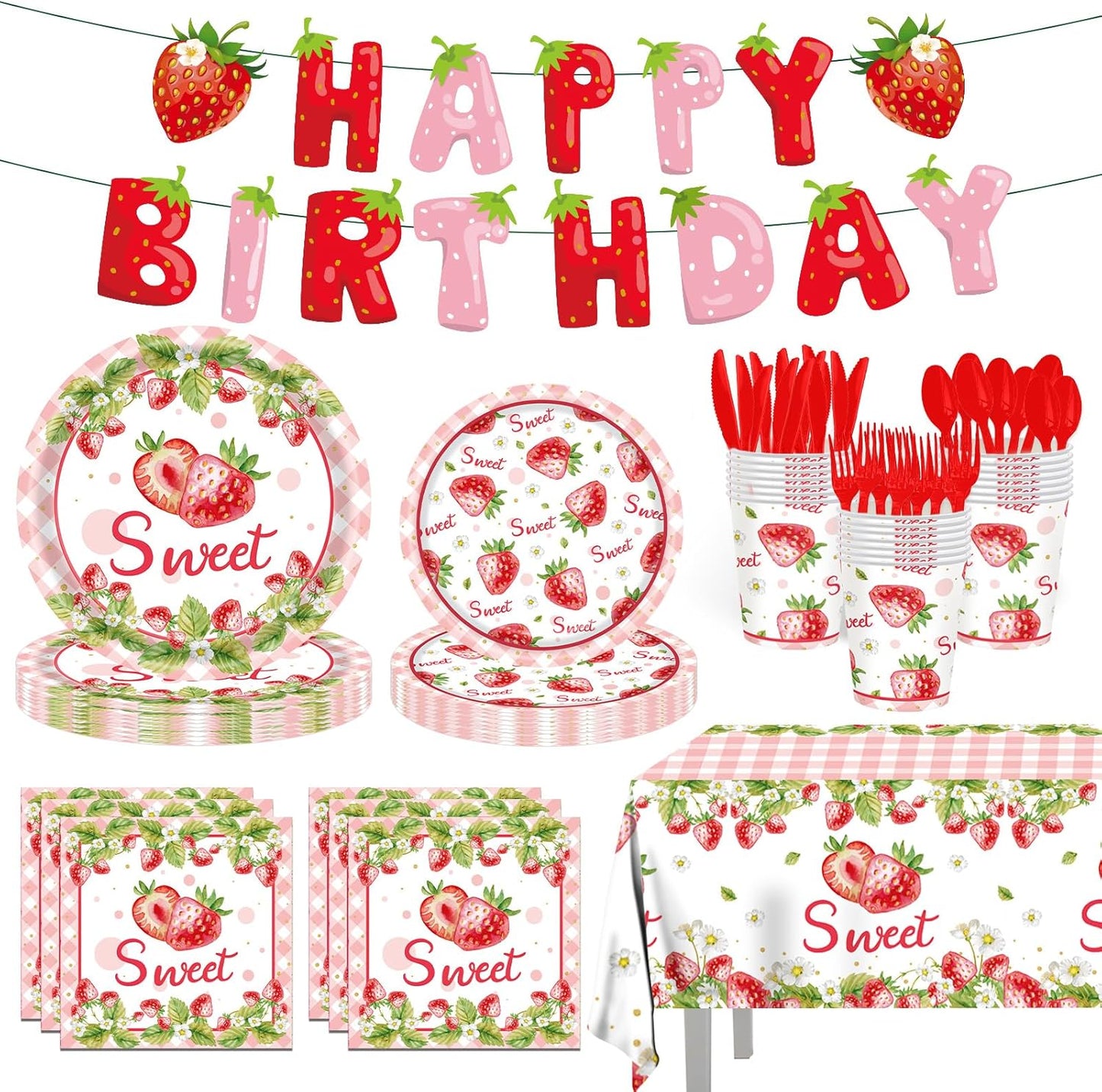 142 Pcs Strawberry Birthday Decorations Berry First Birthday Decorations Strawberry Themed Plates Cups and Napkins Sets Serves 20