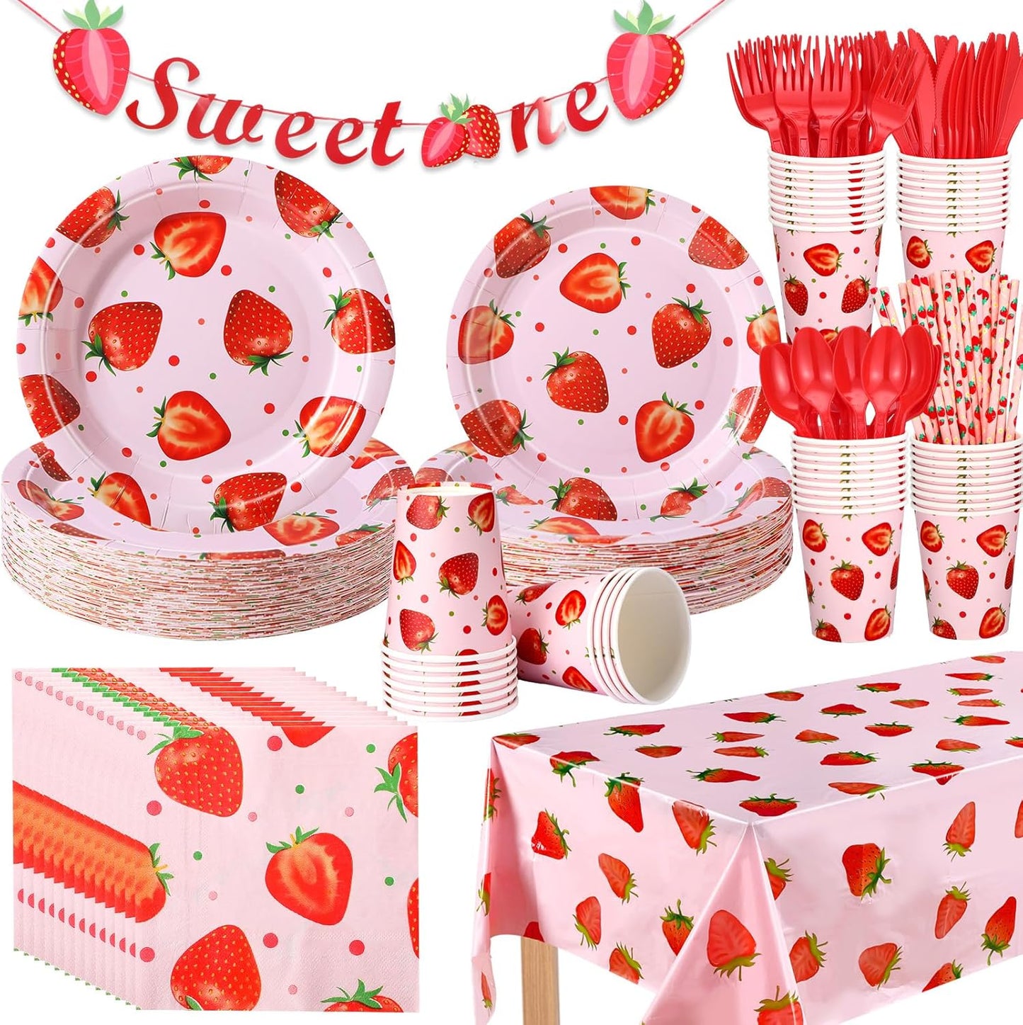 Sawysine 202 Pcs Strawberry Party Supplies Disposable Dinnerware Set 50 Plates 25 Cups 25 Napkins 25 Plastic Forks 25 Knives 25 Spoons 25 Straw Flag Tablecloth to Serve 25 Guests