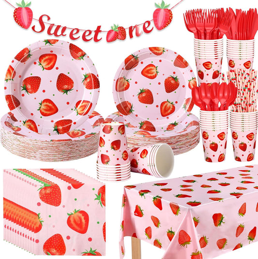 Sawysine 202 Pcs Strawberry Party Supplies Disposable Dinnerware Set 50 Plates 25 Cups 25 Napkins 25 Plastic Forks 25 Knives 25 Spoons 25 Straw Flag Tablecloth to Serve 25 Guests