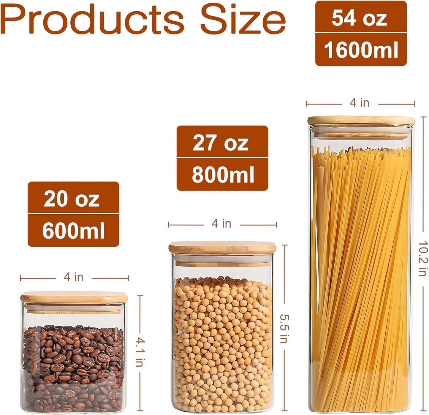 Glass Food Storage Jars Set of 5 with Bamboo Lid Airtight Glass Storage Canister, Square Kitchen Clear Food Storage Container Jar, for Pasta, Coffee, Cookies, Nuts, Cereal, Oats, Flour