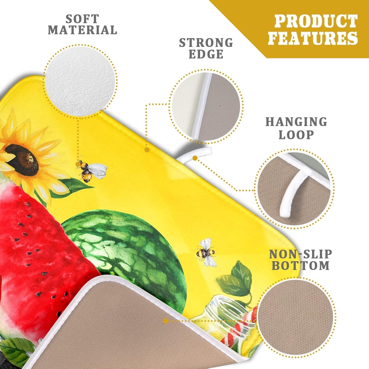 Summer Watermelon Dish Drying Mat Microfiber,Yellow Lemon Buffalo Plaid Dishes Drainer Mats 16x18 Inch,Absorbent Washable Large Drainer Rack Pad Protective Kitchen Counter Decor