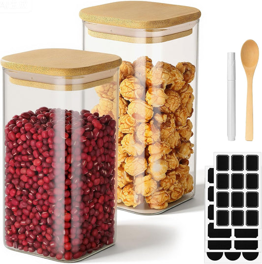 Glass Food Storage Jars, 23 Fl.oz Glass Canisters with Airtight Bamboo Lids Set of 2, Square Sugar Jars Kitchen Containers for Coffee, Tea, Flour, Candy - Included Labels, Marker and Spoon