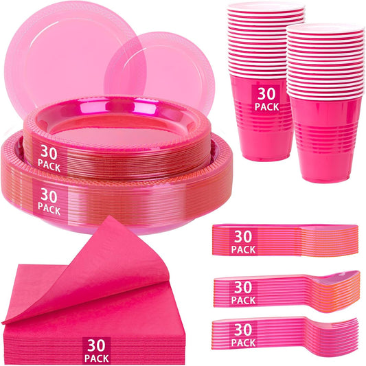 WELLIFE 210Pcs Hot Pink Plates,Clear Hot Pink Plastic Dinnerware Set,Party Supplies Including Clear Plates, 12OZ Cups, Plastic Cutlery and Paper Napkins Serve 30 Guests, Disposable Plates for Party