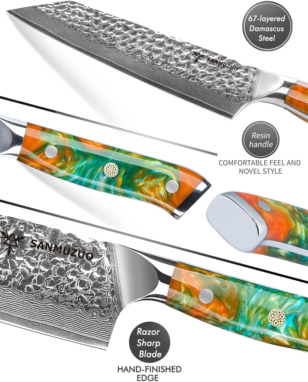 8.5" Kiritsuke Knife - Professional Kitchen Chef Knife - Hammered Damascus Steel & Resin Handle - YAO Series