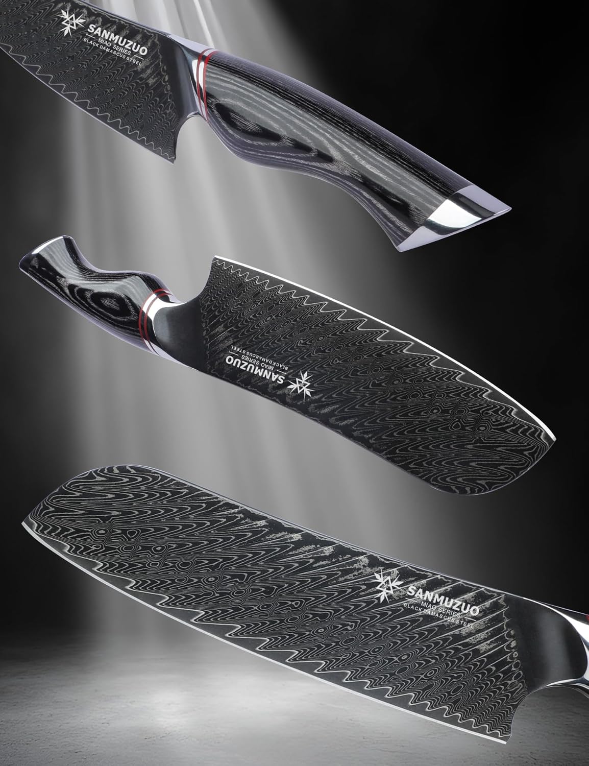 Japanese 7" Santoku Knife - Kitchen Chef Knife - Black Damascus Steel with Ergonomic Handle - MIAO Series