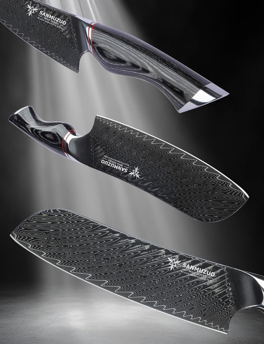 Japanese 7" Santoku Knife - Kitchen Chef Knife - Black Damascus Steel with Ergonomic Handle - MIAO Series