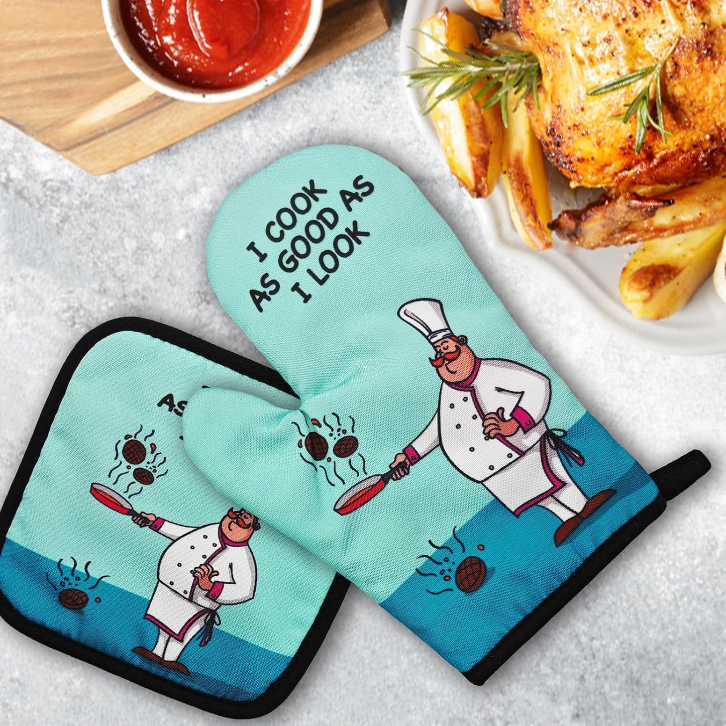 Funny Oven Mitts and Pot Holders（Set of 2） I Cook as Good as I Look Silicone Non-Slip Oven Mitts Heat Resistant Mitts with Hanging Loop Novelty Kitchen Gifts for Chef Cook Lover Man Friend