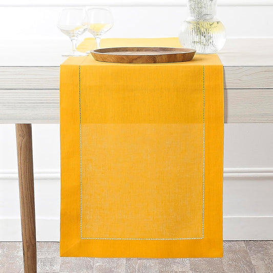D'Moksha Homes Linen Sunflower Yellow Table Runner 48 Inches - Classic Hemstitch, 100% Pure Linen Coffee Table Runner 14 x 48 Inch Ideal for Dresser Tables - Fall, Autumn and Halloween