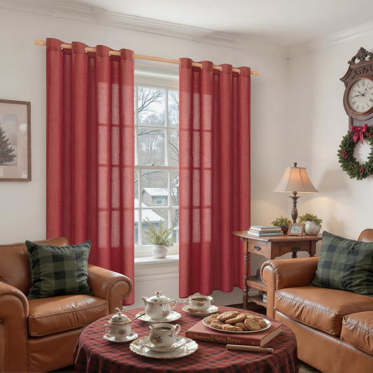 YoungsTex Red Linen Curtains 72 Inch Length for Living Room, Light Filtering Window Drapes with Bronze Grommet Privacy for Dining Bedroom, 52 x 72 Inch, 2 Panels