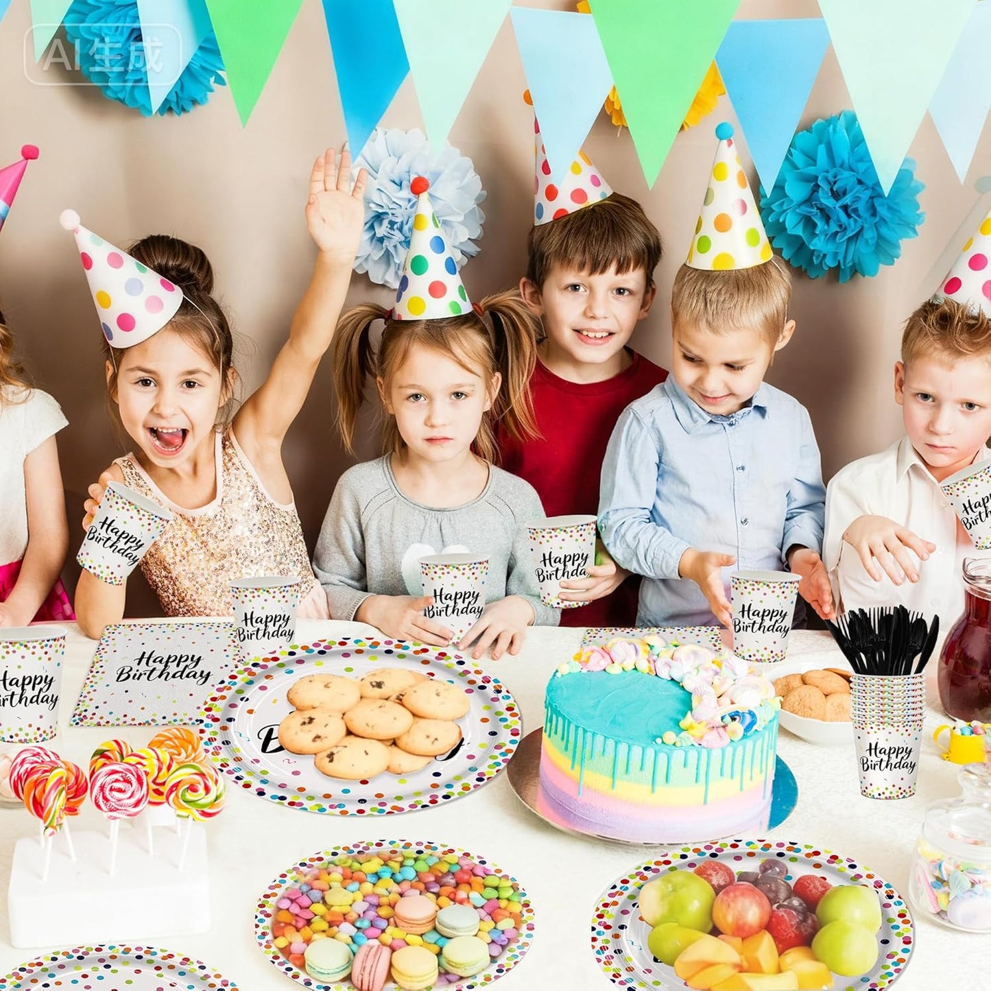 161CT Polka Dot Birthday Party supplies Dinnerware, Include Paper Plates Cups Straws Cutlery, Beige Kitchen Dining Table Decoration for Baby shower, Birthday Party Decor