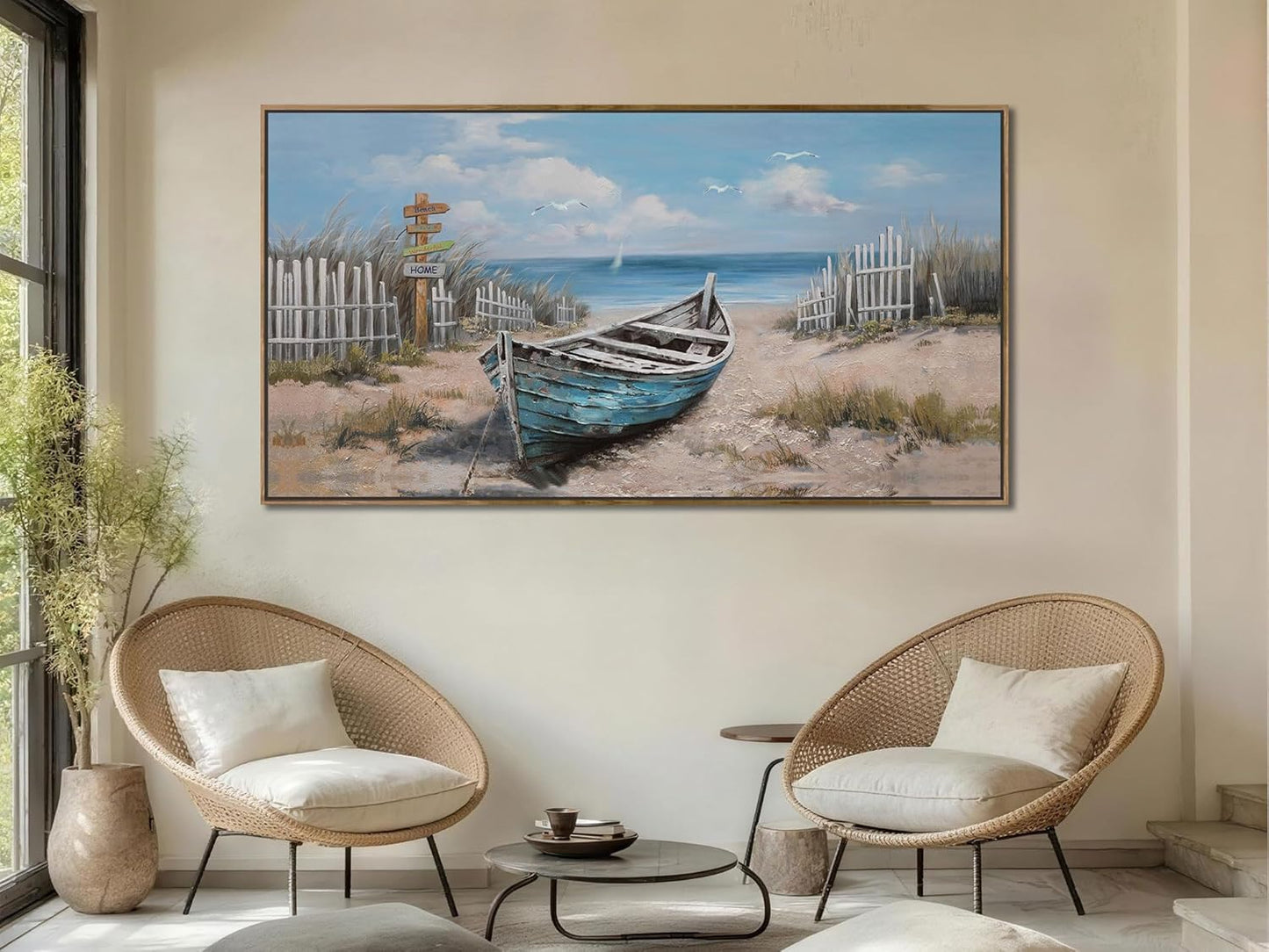 Ardemy Framed Canvas Wall Art Extra Large Boat Bedroom Pictures Wall Decor Living Room, Beach Seascape Paintings Wall Decor Textured Artwork for Kitchen Dining Room Home Office, 48"x24"
