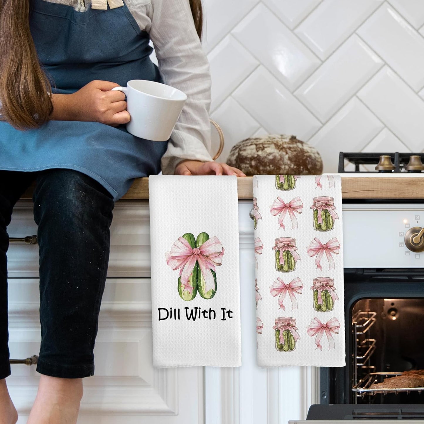 Coquette Pink Bows Pickle Jars Kitchen Towels Set of 2, Cucumber Pickle Lovers Hand Towel, Dill with It Funny Pickle Gifts, Pickle Party Kitchen Decorative Tea Towel Dish Towels 16x24 Inch