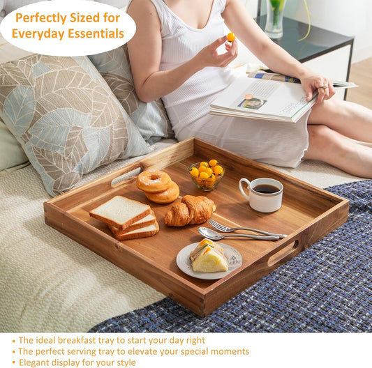 Large Trays for Ottoman Wooden Square Ottoman Tray 22 Inch Serving Tray with Handles Acacia Wood Tray for Living Room Wooden Trays with 4PCS Wood Coasters