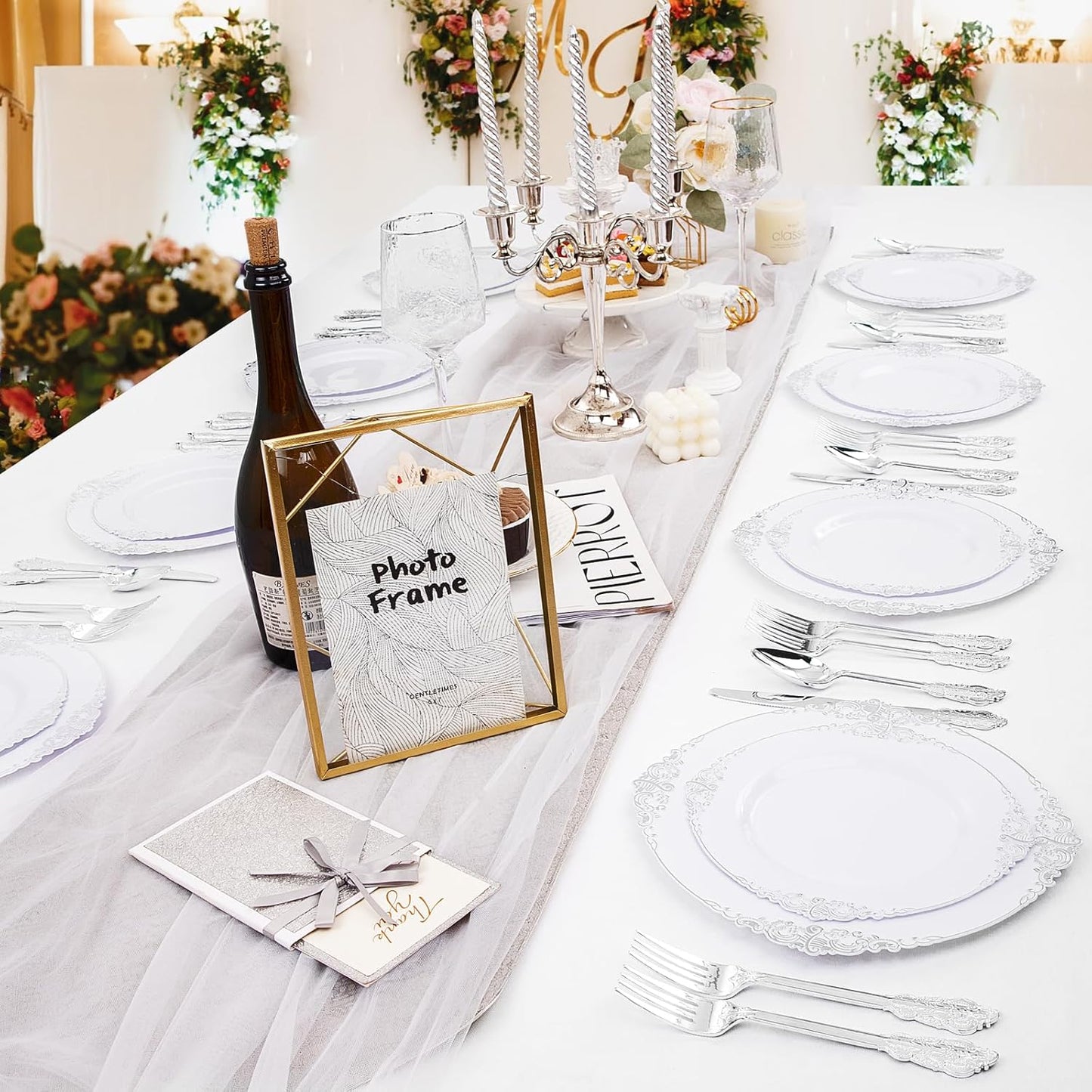 102PCS White and Silver Plastic Plates - Heavyweight Silver Plate - Wedding Plate with Silver Rim - Fancy Dinner & Dessert Plates for 51 Guests Weddings & Parties & Christmas