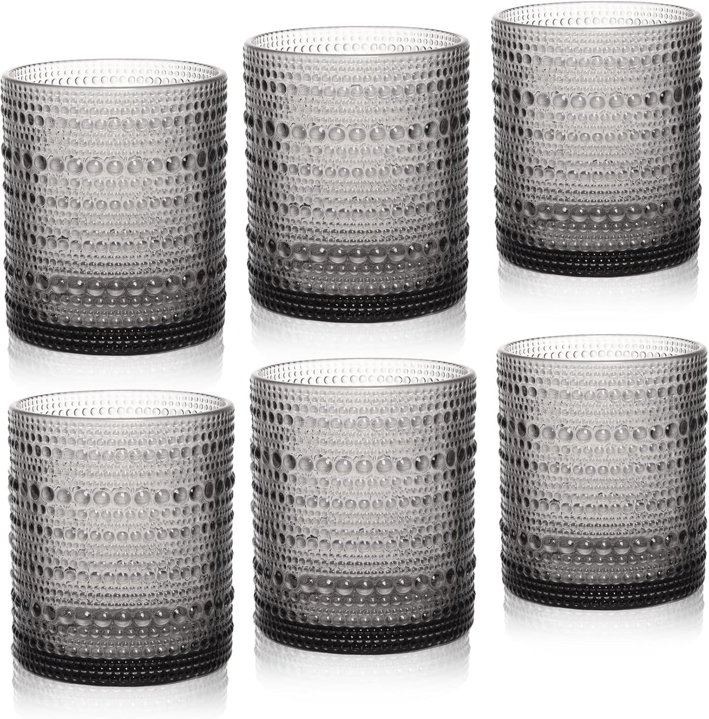 Cocktail Glasses 10 oz Hobnail Drinking Glasses Set of 6, Vintage Glassware, Textured Glass Cups Bubble Glasses Water Glasses Old Fashion Jupiter Glasses Set, Grey