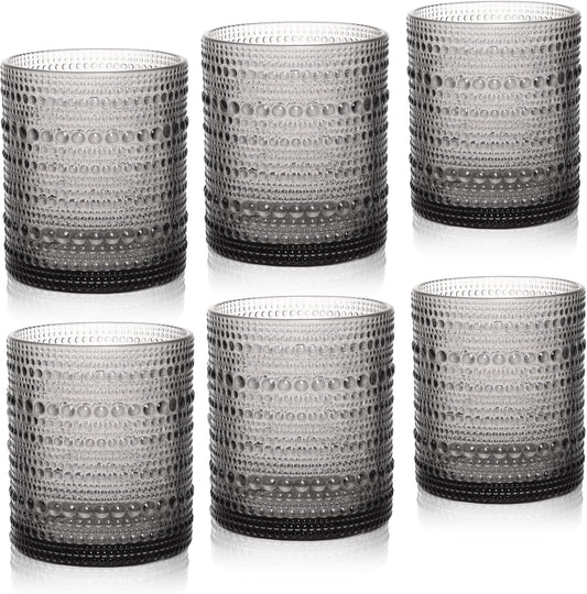 Cocktail Glasses 10 oz Hobnail Drinking Glasses Set of 6, Vintage Glassware, Textured Glass Cups Bubble Glasses Water Glasses Old Fashion Jupiter Glasses Set, Grey