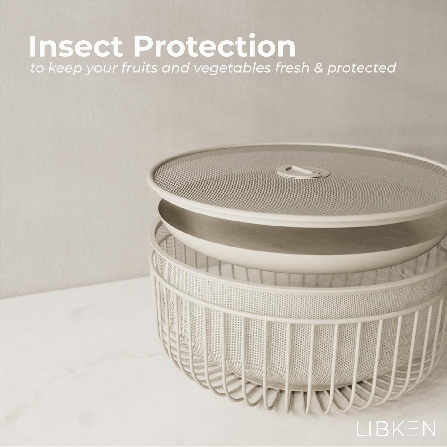 Metal Fruit Bowl with Mesh Lid and Basket - Fruit and Vegetable Holder for Kitchen Counter - Versatile and Durable Storage Basket Organizer for Fruit, Veggie, Snacks - 11x11x4-Inch (Warm Gray)