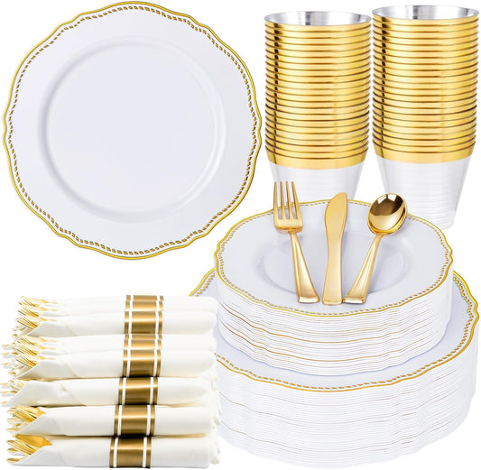 Hioasis 175pcs White and Gold Plastic Plates - Gold Plastic Dinnerware Set Includes 25 Dinner Plates, 25 Dessert Dinnerware, 25 Cups, 25 Rolled Napkin Cutlery Perfect for Thanksgiving & Party