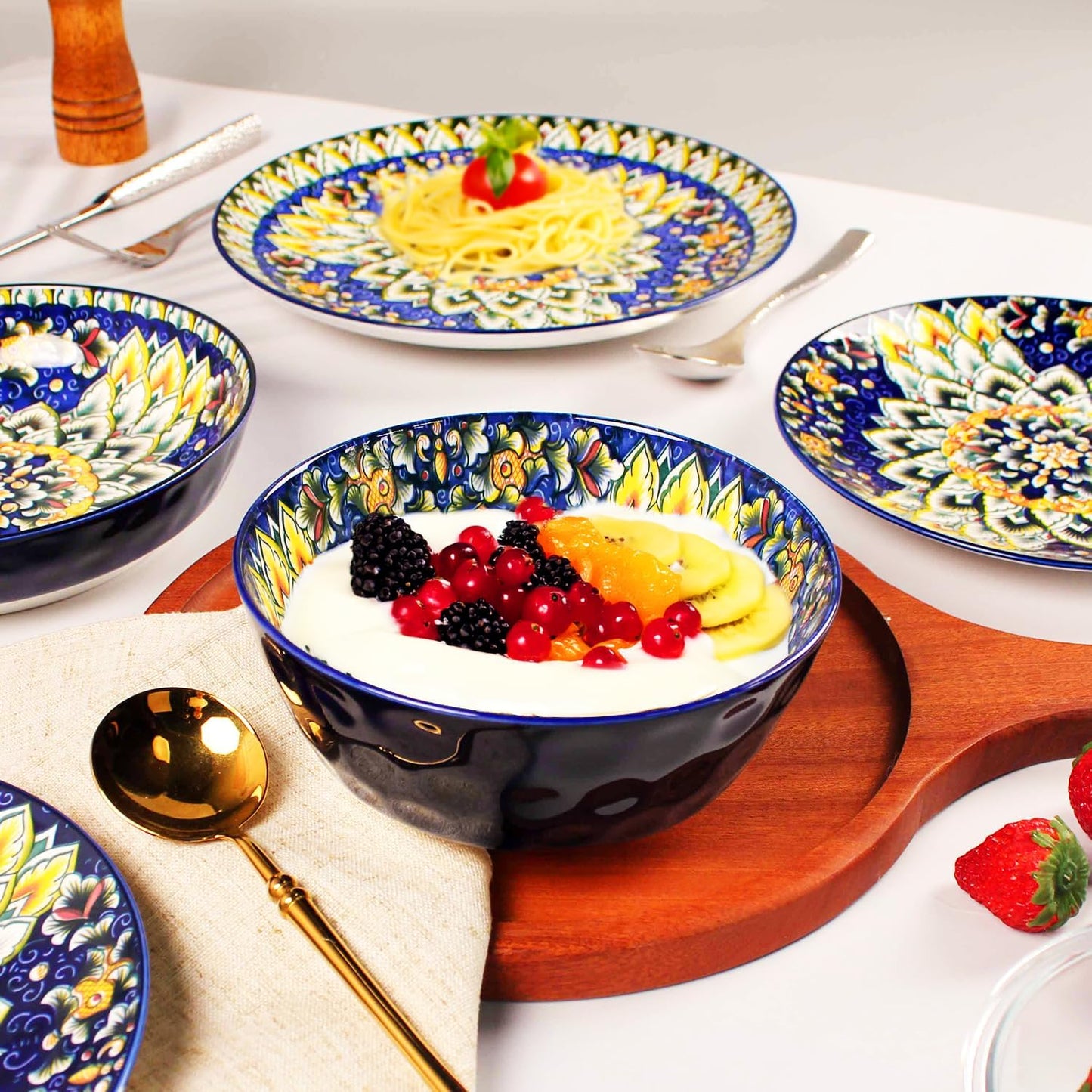 Mandala Dinnerware Sets, Plates and Bowls Set, Porcelain Dishes (16 Pieces) Service for 4, Zanzibar, Bohemian Style Dining Ware, for Kitchen and Dining Multicolor Dinnerware Set, Blue