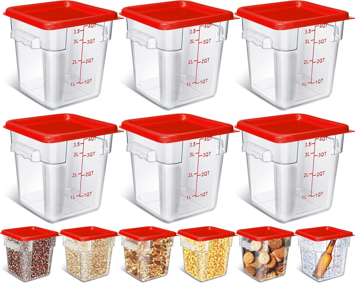 Yungyan 6 Pcs Commercial Clear Food Storage Containers 4 Qt Square Acrylic Airtight Food Storage Containers with Lids for Kitchen Restaurant Pantry Freezer Flour Sugar(Red)