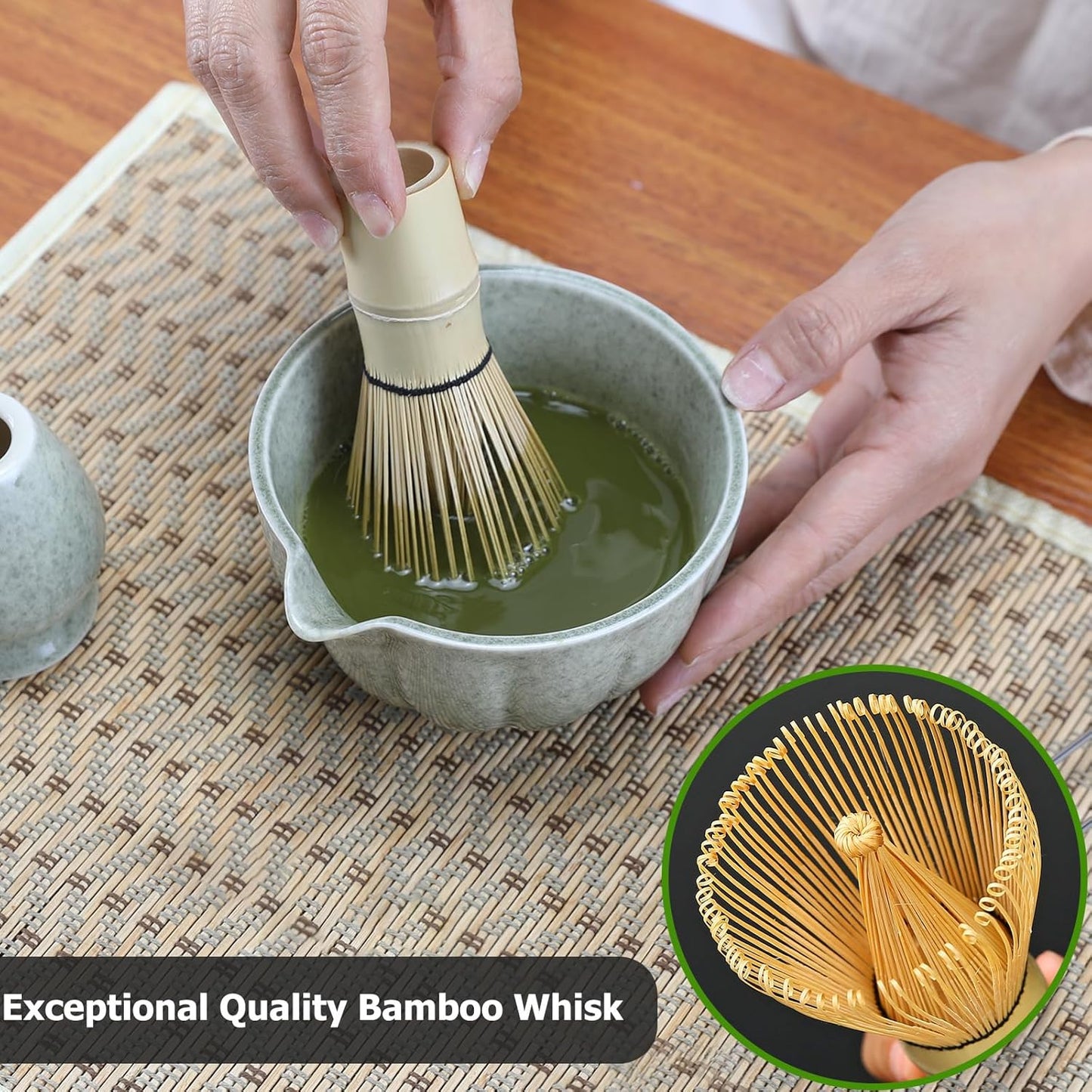 Matcha Whisk Set, 5 Pcs Matcha Set includes Matcha Whisk and Bowl with Spout, Stainless Sifter, Bamboo spoon, Ceramic Holder, 17 oz Mottled Green Glaze Ceramic Matcha Kit for Tea Lovers
