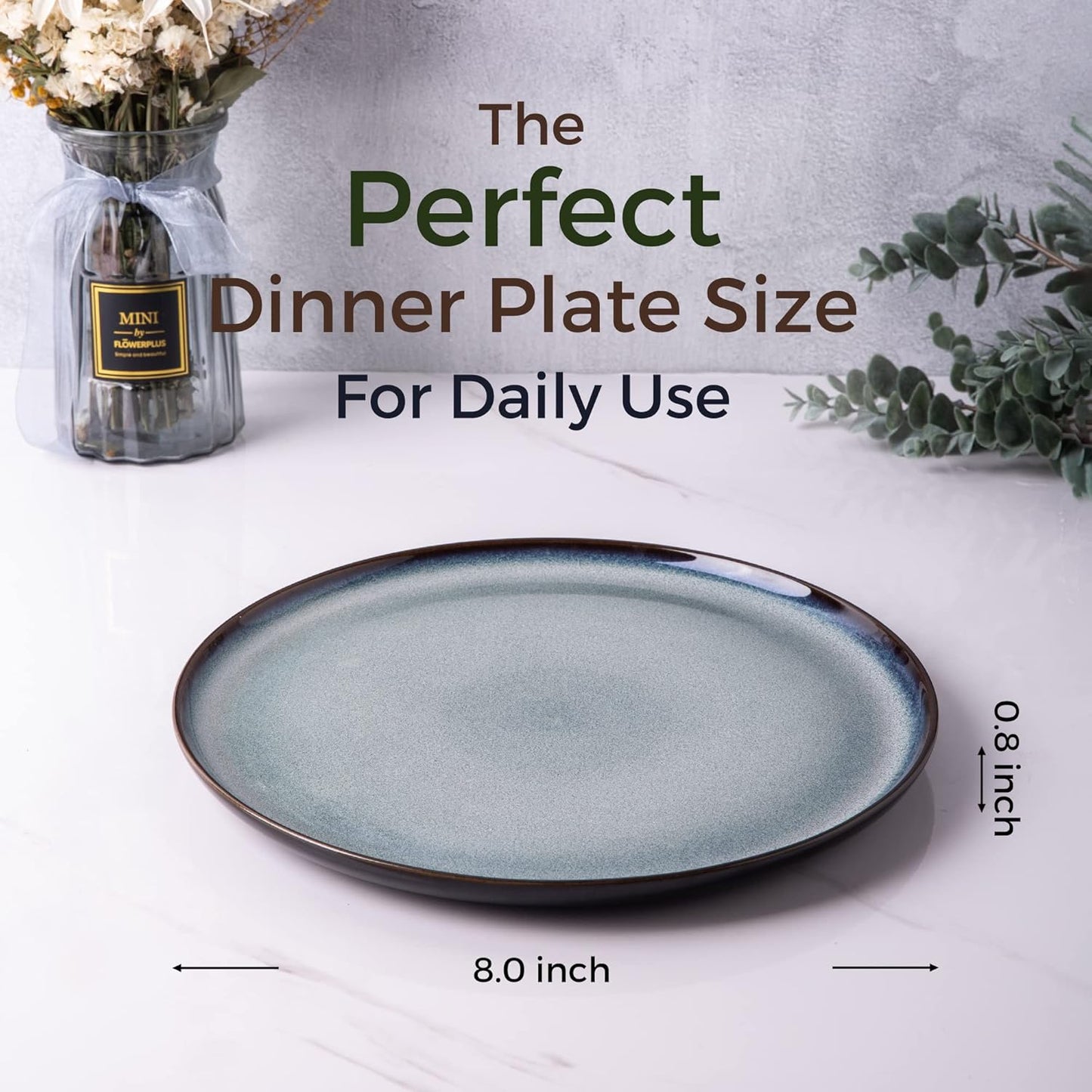 LERATIO Ceramic Plates Set of 6, 8.5 Inch Reactive Glaze Light Weight Porcelain Salad Plates,Modern Shape Dinnerware Dishes Set for Kitchen,Microwave&Dishwasher&Oven Safe,Resistant-Gray Blue