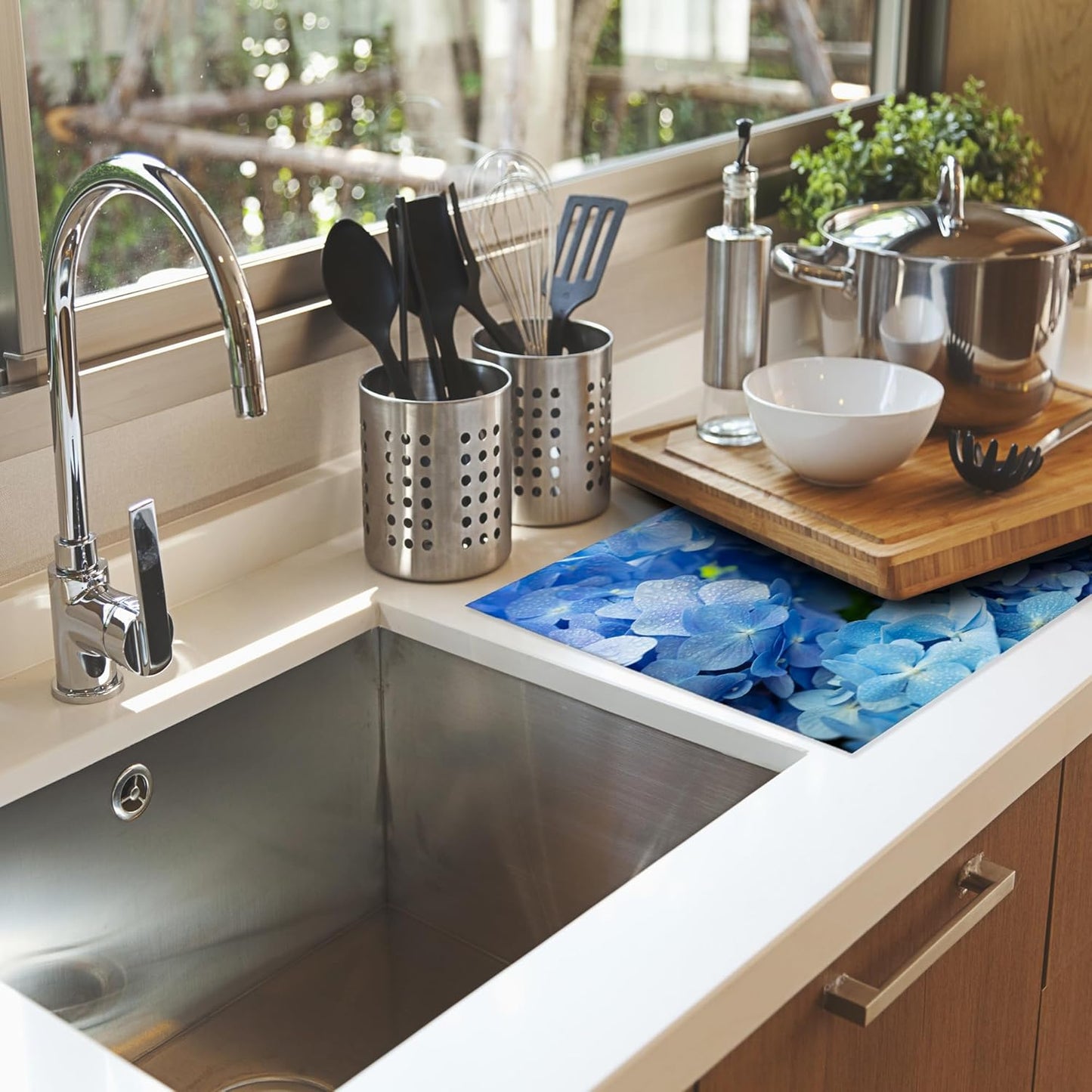 Blue Hydrangea Flower Dish Drying Mats 18x24 Inch, Dish Pad Drying Rack Mat for Kitchen Counter Ultra Absorbent Microfiber Dishware Coffee Maker Bar Countertop Decor