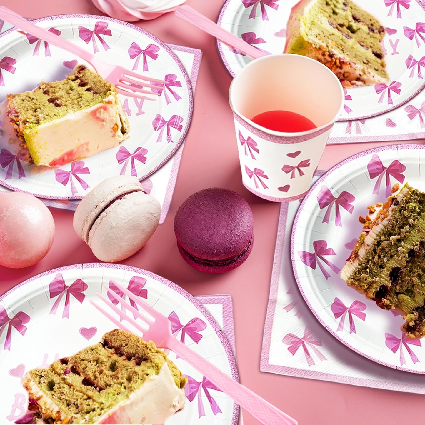 175 PCS Coquette Birthday Plates and Napkins Sets Includes Disposable Plates Dessert Plates Napkins Cups Plastic Knives Forks Spoons Disposable Dinnerware Set For Pink Bow Party (25 Guest)