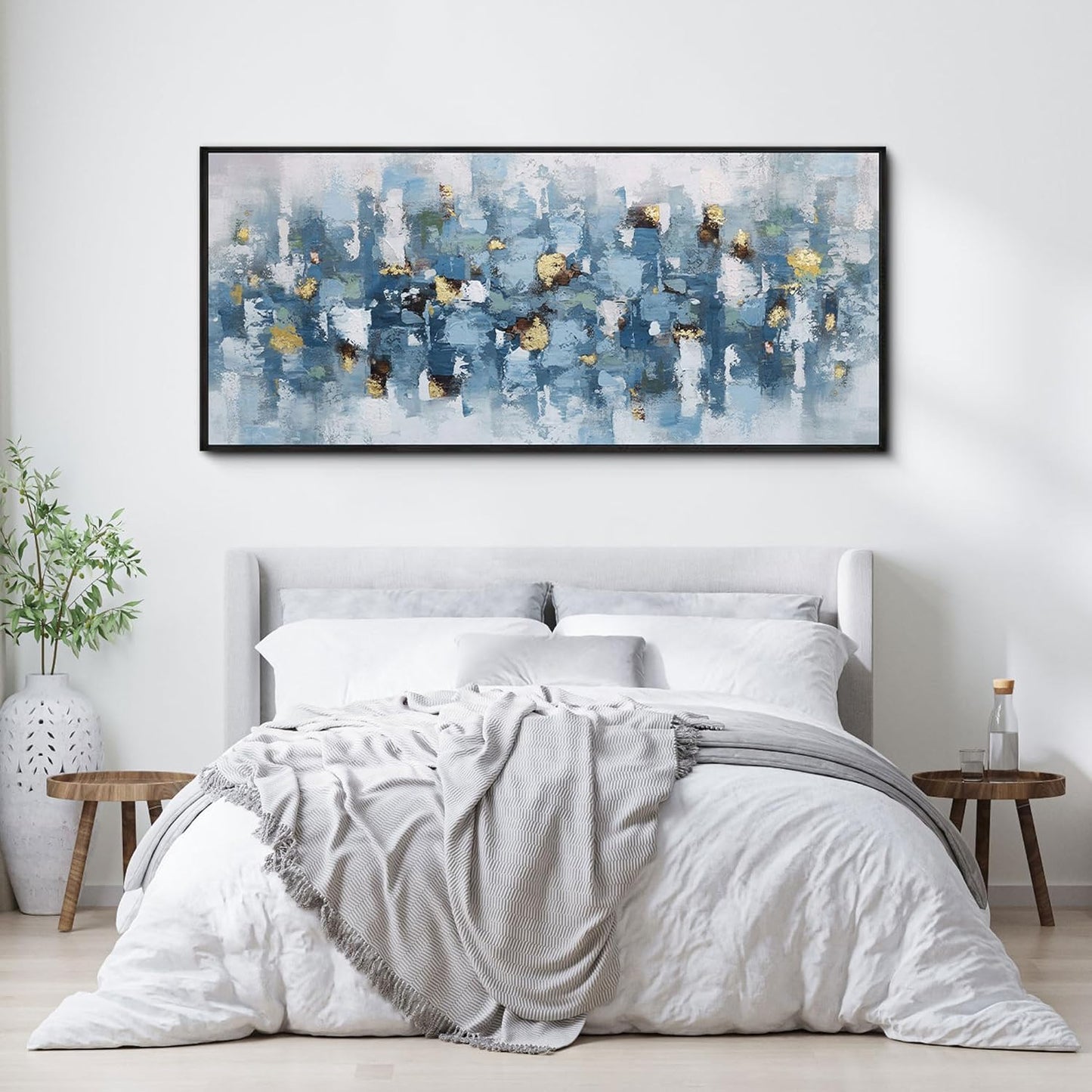 KLAKLA Blue and White Abstract Wall Art - Living Room Wall Decor Gold Picture Artwork for Walls Prints Paintings Framed Canvas Bedroom Office Guest Room Home Decoration 70x31 Inches